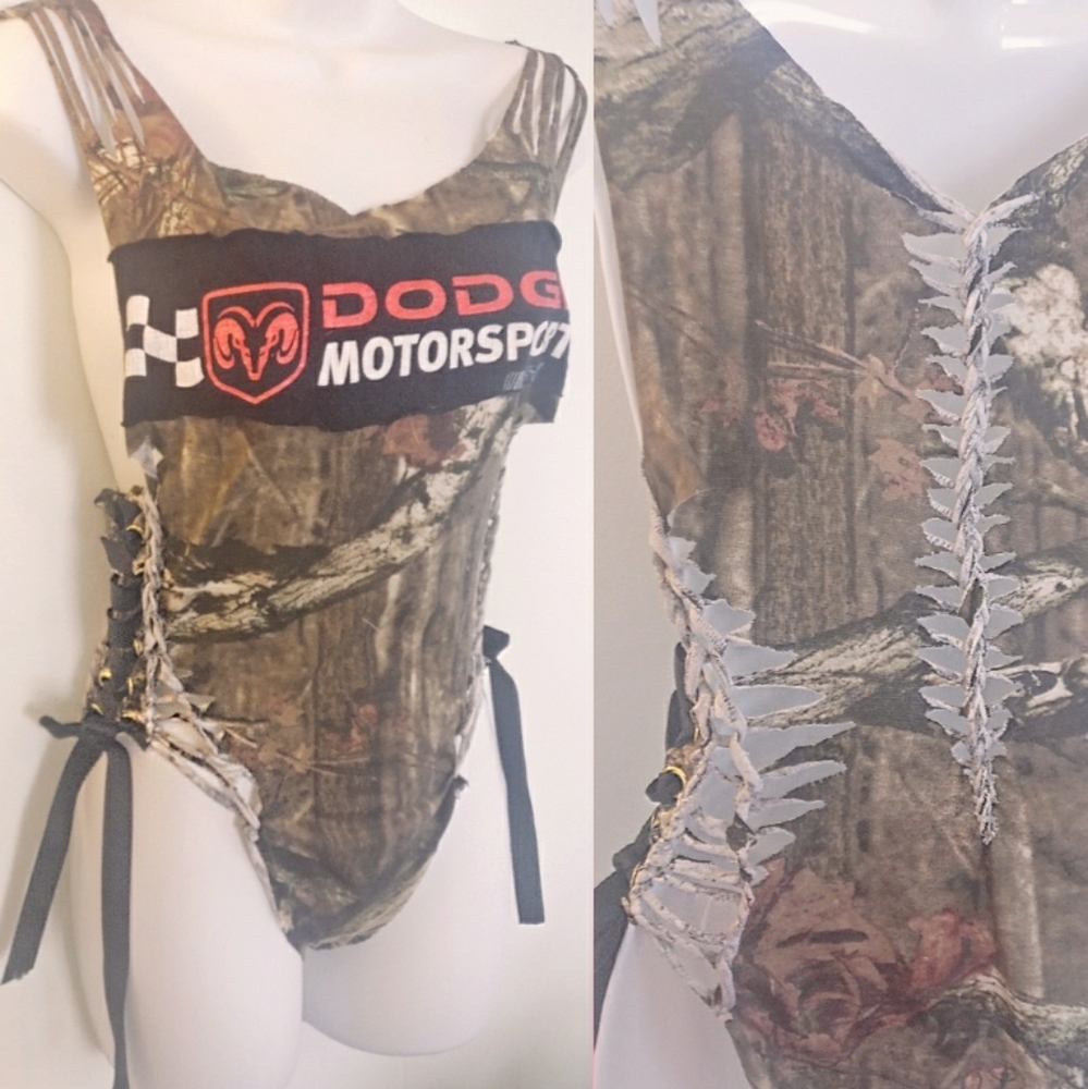 Camo Lace Up Shirt Dodge Bodysuit Woven Cut Up Tee